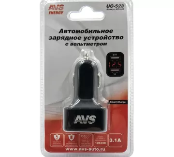 Автомобильное зарядное устройство USB 2 порта (3А) с вольтметром, AVS UC-523 (A07444S) Краснодар